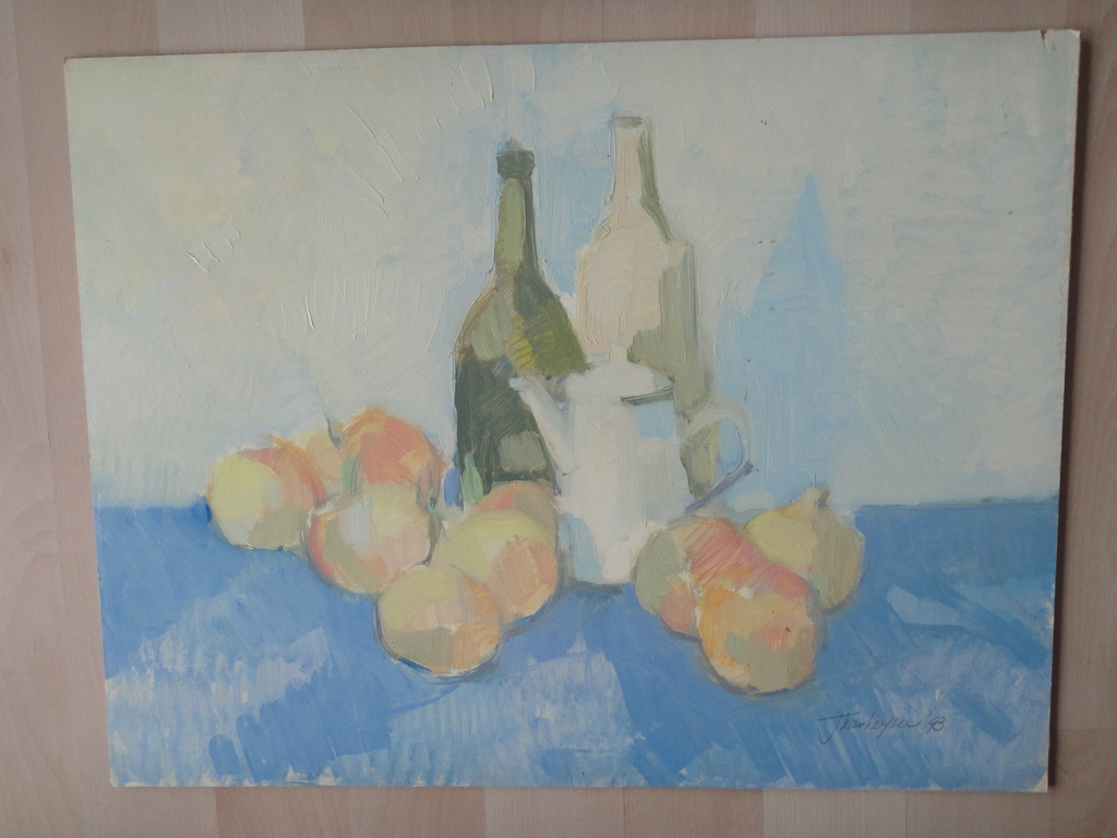 Jan Verheijen, olieverf op board, stilleven met fruit, flessen en theepot kopen? Bied vanaf 1!