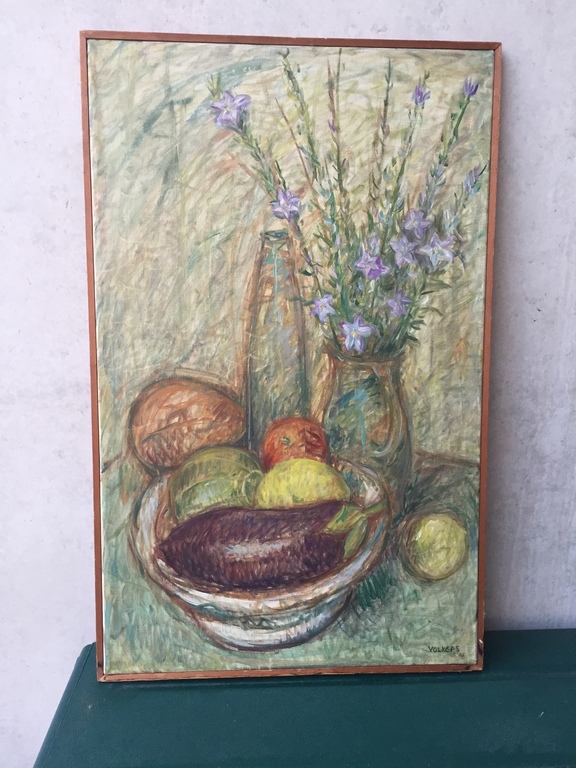 Meinert Volkers - Olieverf op doek 1965 - Stilleven met fruit en campanula’s kopen? Bied vanaf 1!