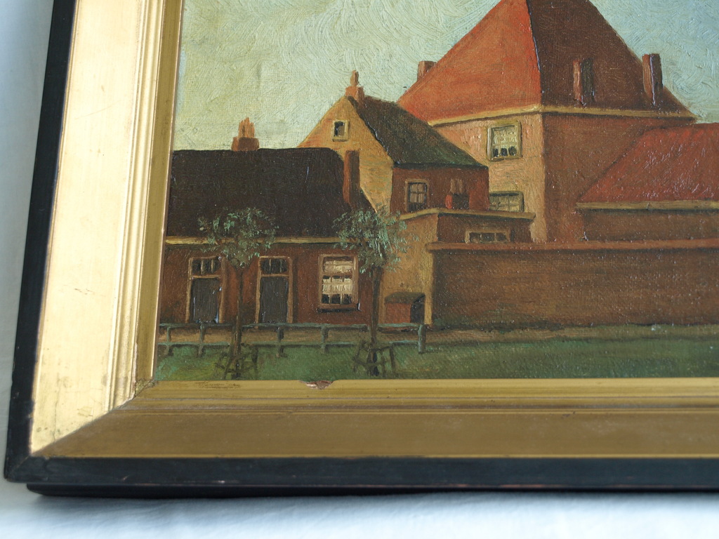 Onbekend – Olieverf op paneel , Huizen - ingelijst – Oud kopen? Bied vanaf 1!