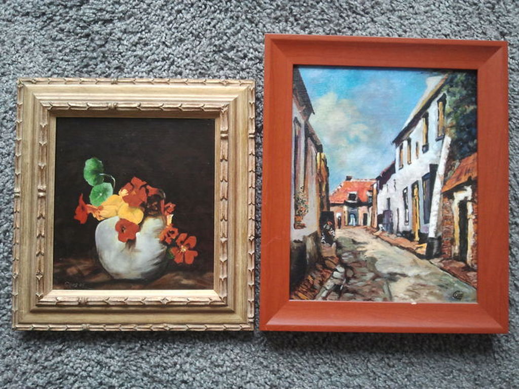 Guus- Stilleven met bloemen - olieverf op paneel/Dorpszicht - olieverf op doek kopen? Bied vanaf 40!