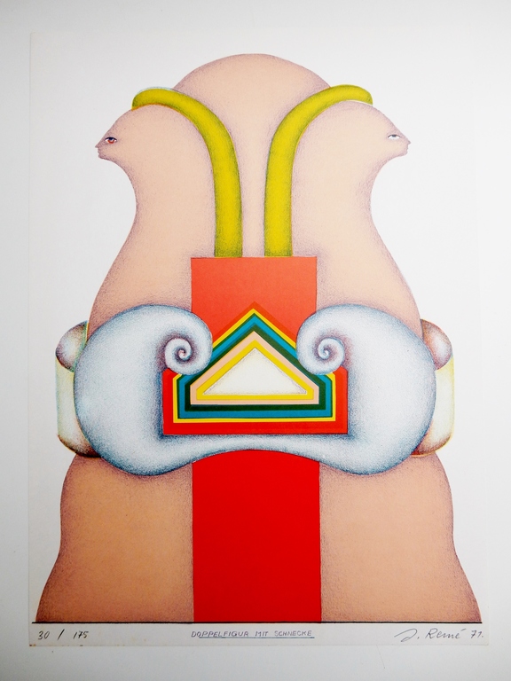 Jörg Remé - zeefdruk uit 1971 - Doppelfigur mit Schnecke - gesigneerd kopen? Bied vanaf 1!