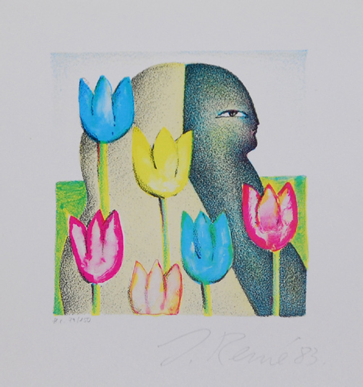 Jörg Remé: Lithografie, Figuur met Tulpen kopen? Bied vanaf 5!
