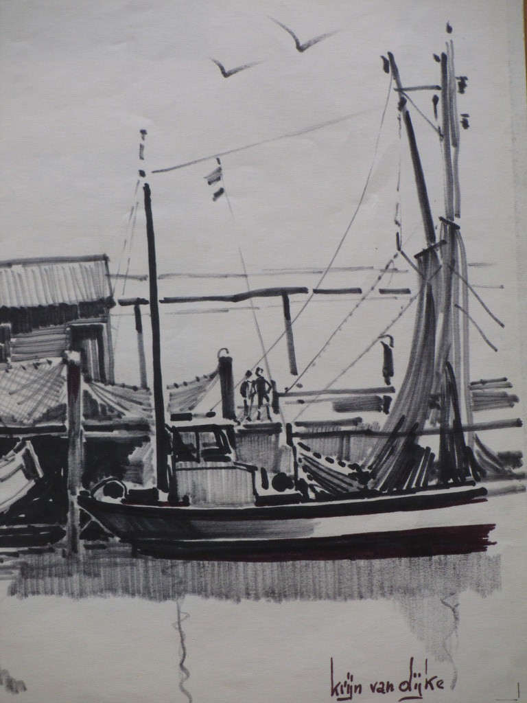 Krijn van Dijke, In de haven van Tholen, Krijttekening kopen? Bied vanaf 40!