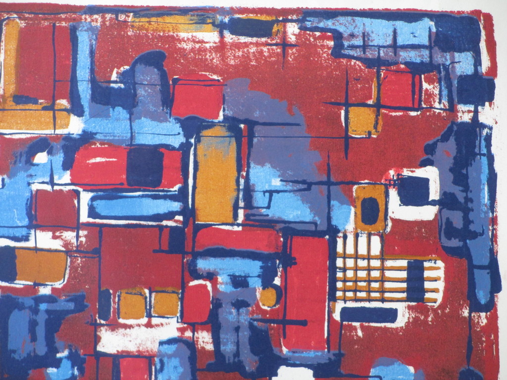 Wim Motz, Compositie in rood en blauw, Kleurenlitho kopen? Bied vanaf 1!