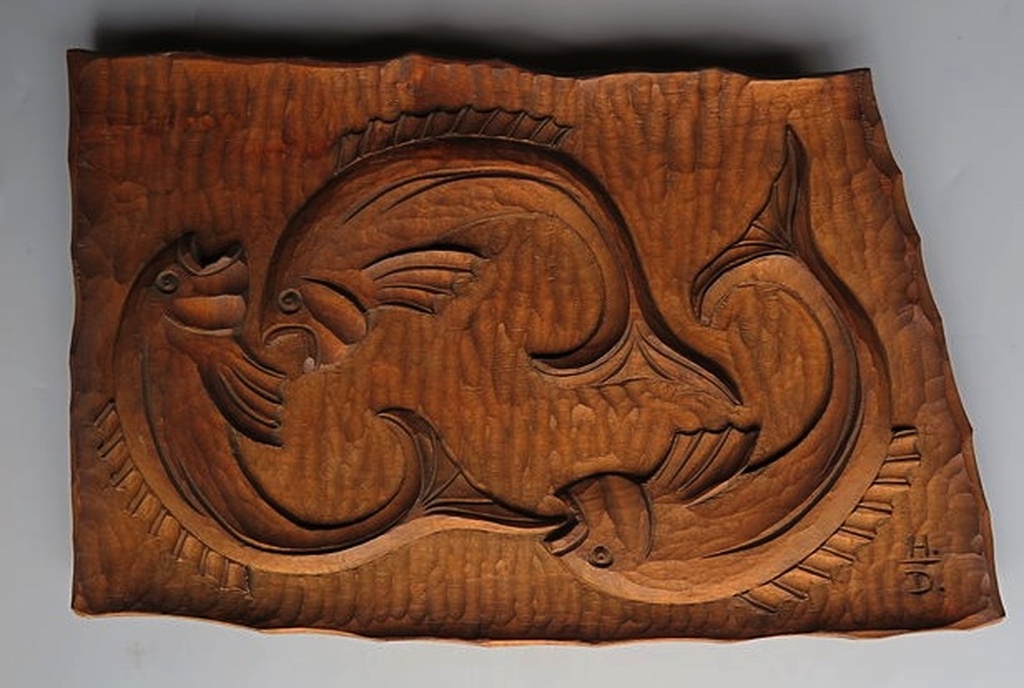 Houten wandsculpture - "Drie spelende Stekelbaarsjes" - gesigneerd - 70-er jaren kopen? Bied vanaf 1!