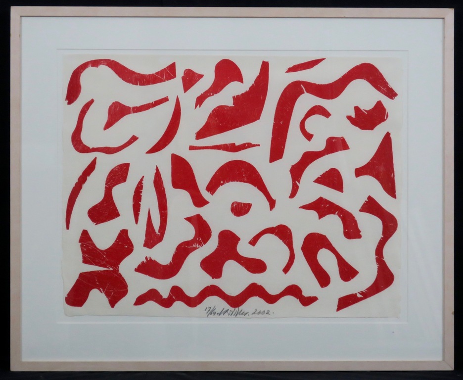Carel Visser: Houtsnede, Zonder titel (rood) - Ingelijst verkocht voor € 130!