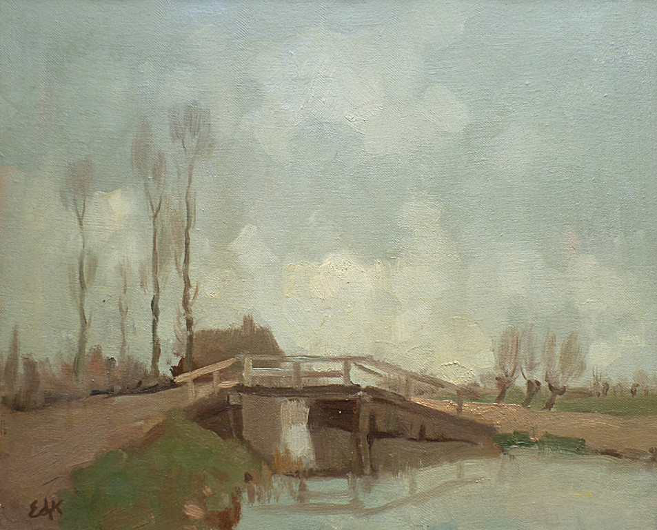 Edzard Koning - Bruggetje in polderlandschap, olieverf op doek verkocht voor € 240!