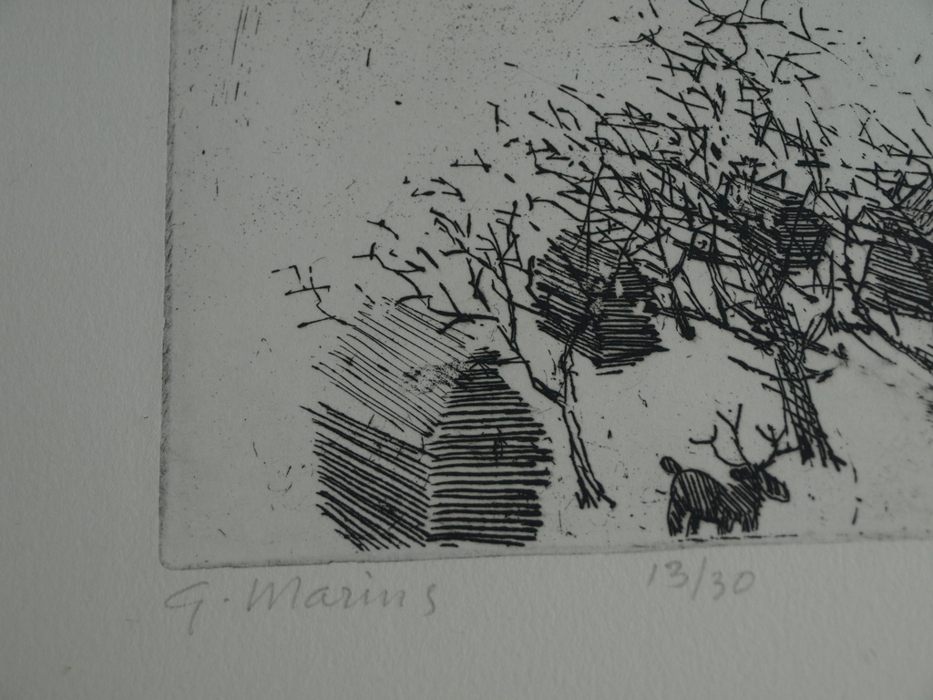 Geert Maring : Ets , Landschap met rendier – Gesigneerd & ingelijst – 1998 kopen? Bied vanaf 1!