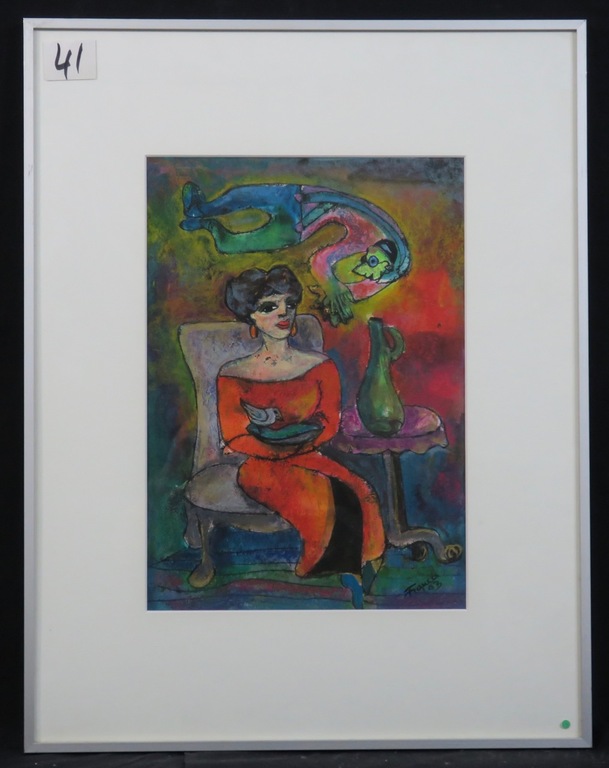 Franca Muller Jabusch: Gouache op papier, Geest uit de fles - Ingelijst verkocht voor € 60!