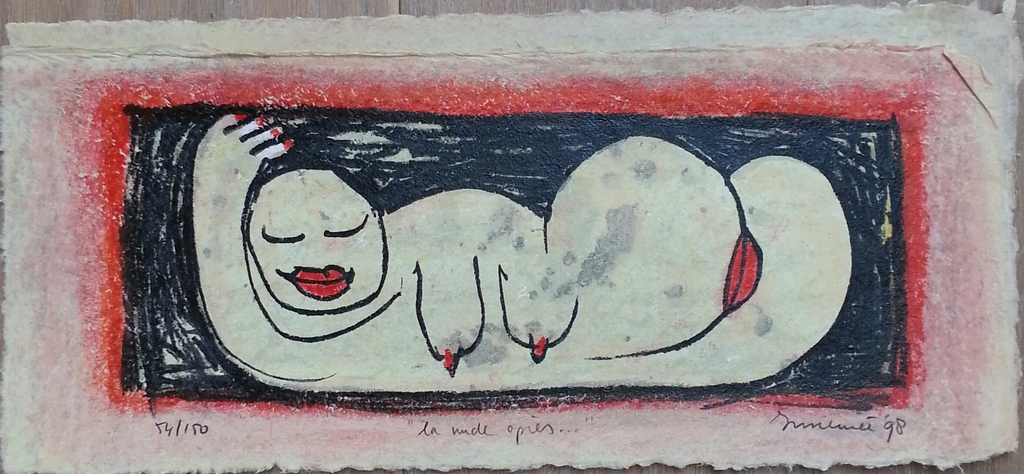 Hans Innemee, zeefdruk op handgeschept papier, titel; :la nude opies verkocht voor € 40!