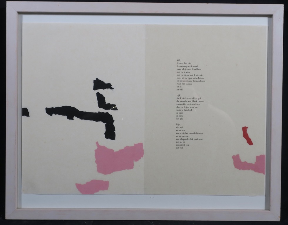 Cees Andriessen: Lino op Rijstpapier, Gedicht: Kijk, ik weet het niet- Ingelijst verkocht voor € 35!