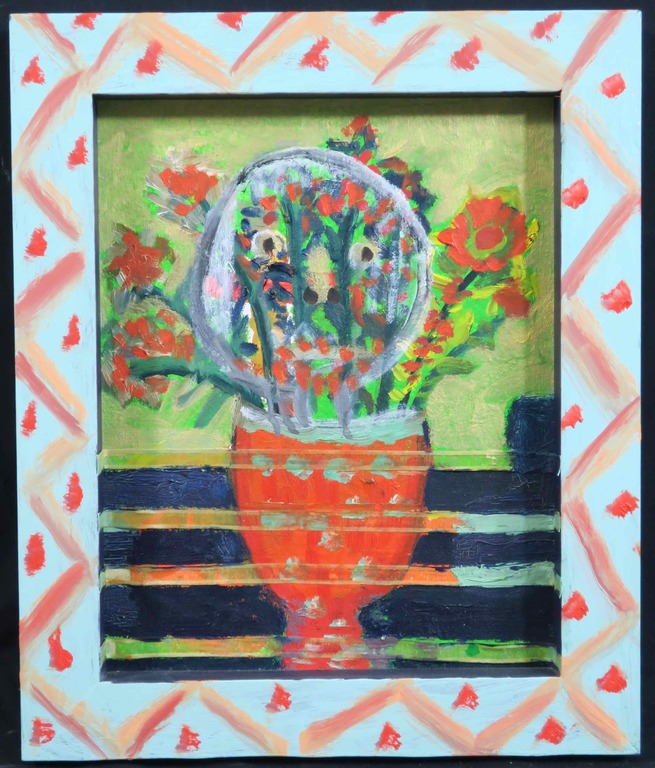 Meertje Kaal: Acryl en collage op doek, Bloemstilleven met gezicht - Ingelijst kopen? Bied vanaf 1!