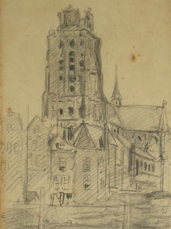 Originele 1910 potloodtekening "Dordrecht Grote kerk" Hend.D Schildt gesigneerd  kopen? Bied vanaf 1!