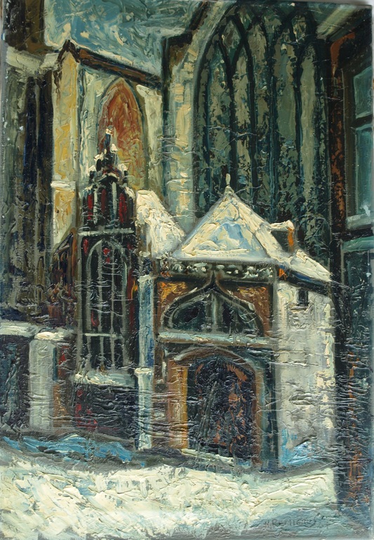 Onduidelijke signatuur: Olieverf op doek – Kerk in de sneeuw - 1959 - 66 x 45 cm verkocht voor € 50!