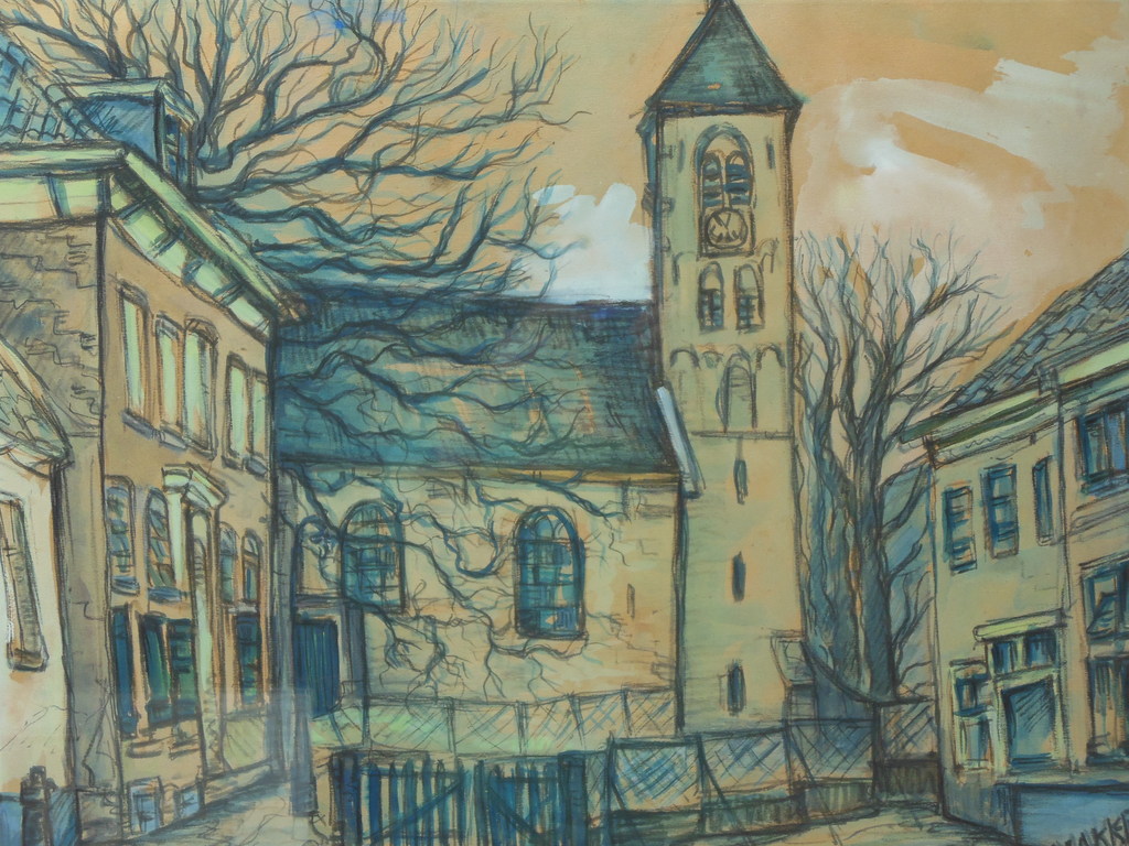 Jan Makkes, Gouache, Kerkje te Oud-Velsen kopen? Bied vanaf 250!