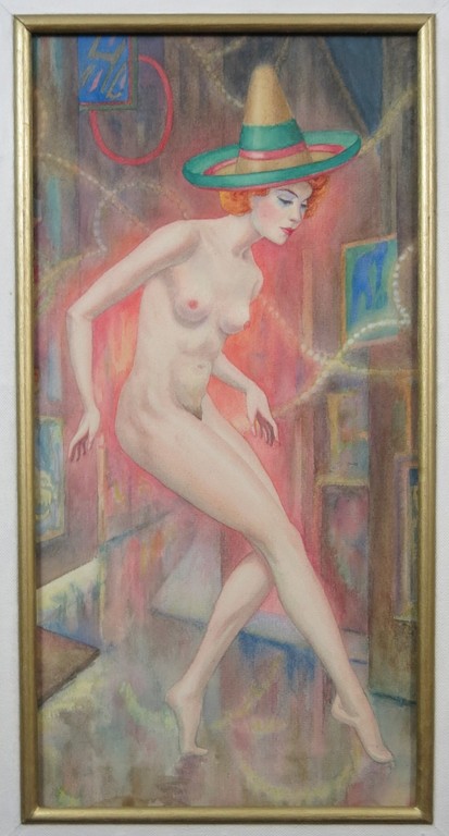 Jan Ph. A. de Vries: Aquarel, Naakte vrouw met hoed -Ingelijst verkocht voor € 75!
