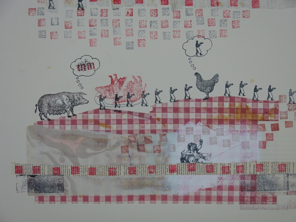 Liesbeth Giesberger: Collage op papier, Dinner kopen? Bied vanaf 20!