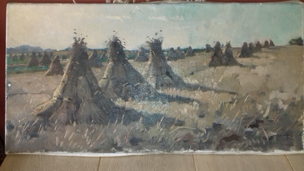 W.A. Knip: olieverf op doek , veld met korenschoven, goede conditie. kopen? Bied vanaf 750!