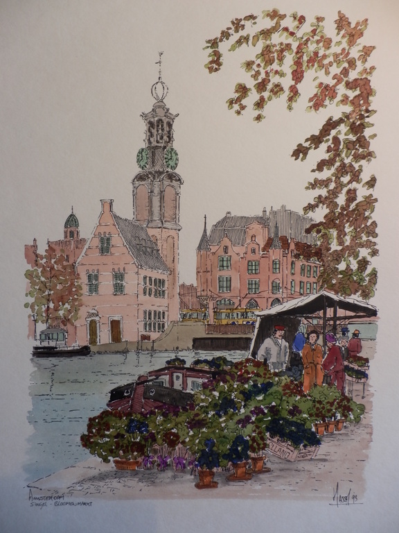 AD van HASSEL  Ingekleurde AQUAREL  BLOEMENMARKT ADAM kopen? Bied vanaf 30!