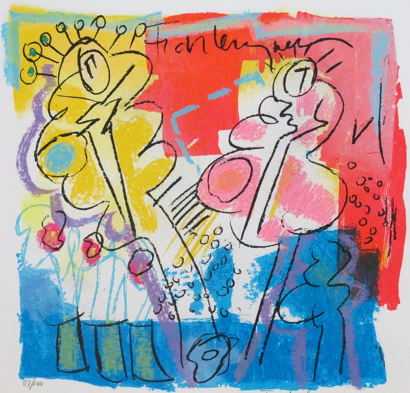 Frank Lengvenius: Zeefdruk, Vrolijke compositie - Ingelijst verkocht voor € 35!