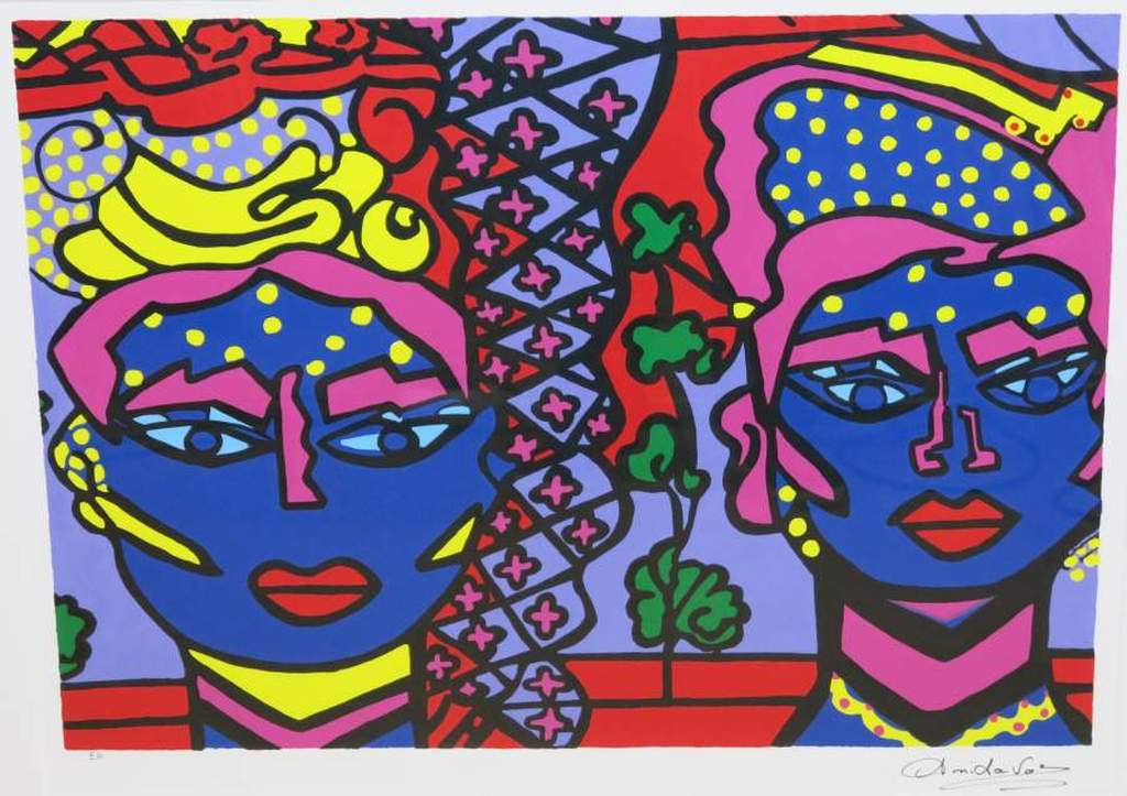 Anita Vos: Zeefdruk, Twee Vrouwen - Ingelijst kopen? Bied vanaf 30!