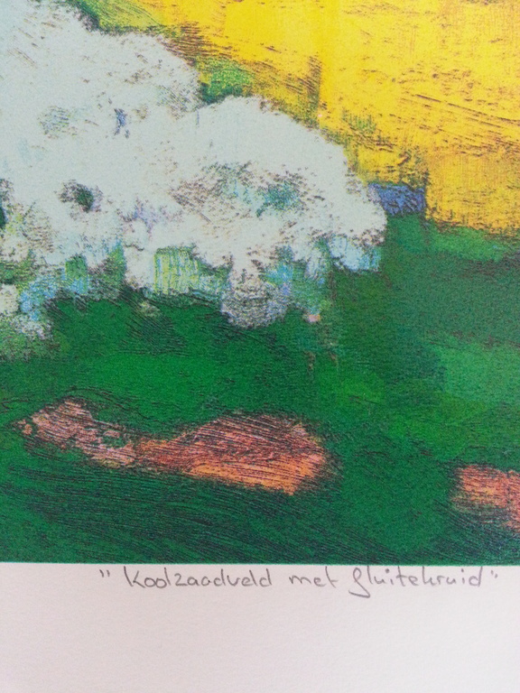Jentsje Popma, zeefdruk met lijst, " Koolzaadveld met fluitekruid " kopen? Bied vanaf 50!