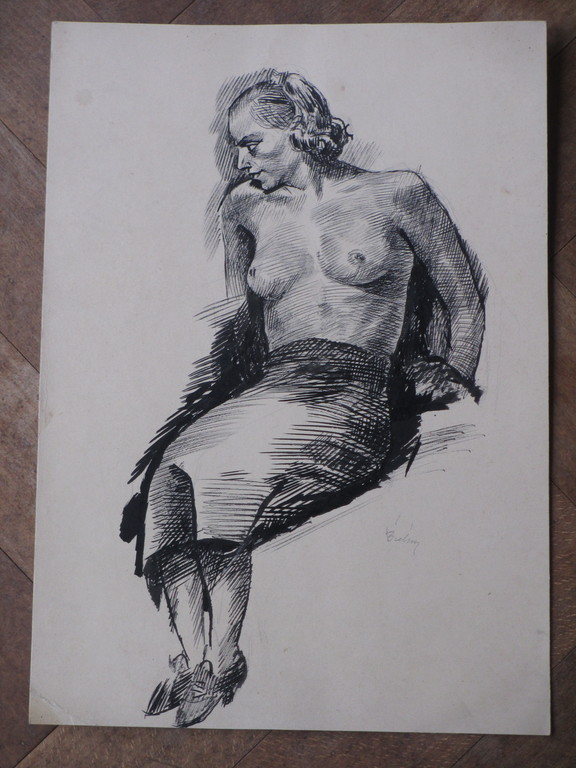 Herman Bieling, Halfnaakt zittende vrouw, Inkttekening kopen? Bied vanaf 30!