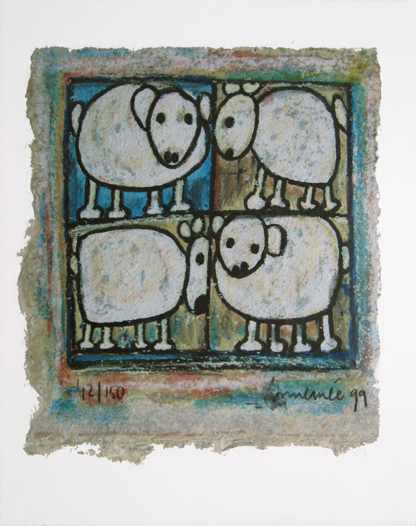 Hans Innemée - zeefdruk op geschept papier, ingelijst - 4 Schaapjes kopen? Bied vanaf 65!