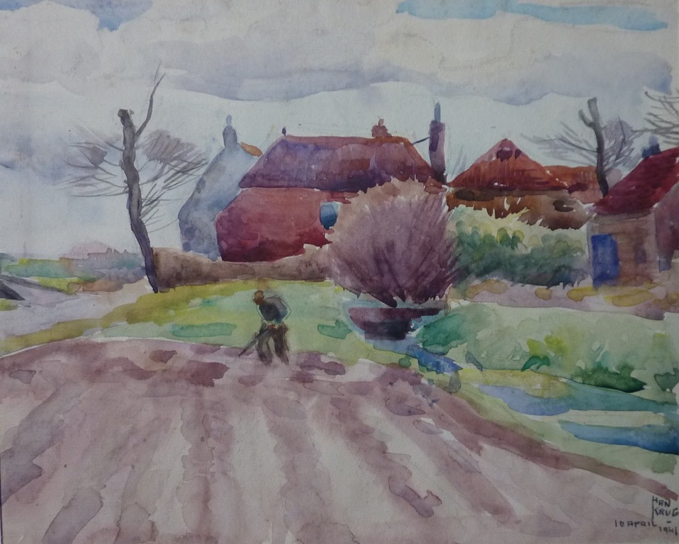 Han Krug aquarel "Boer en boerderij" 1941 verkocht voor € 45!