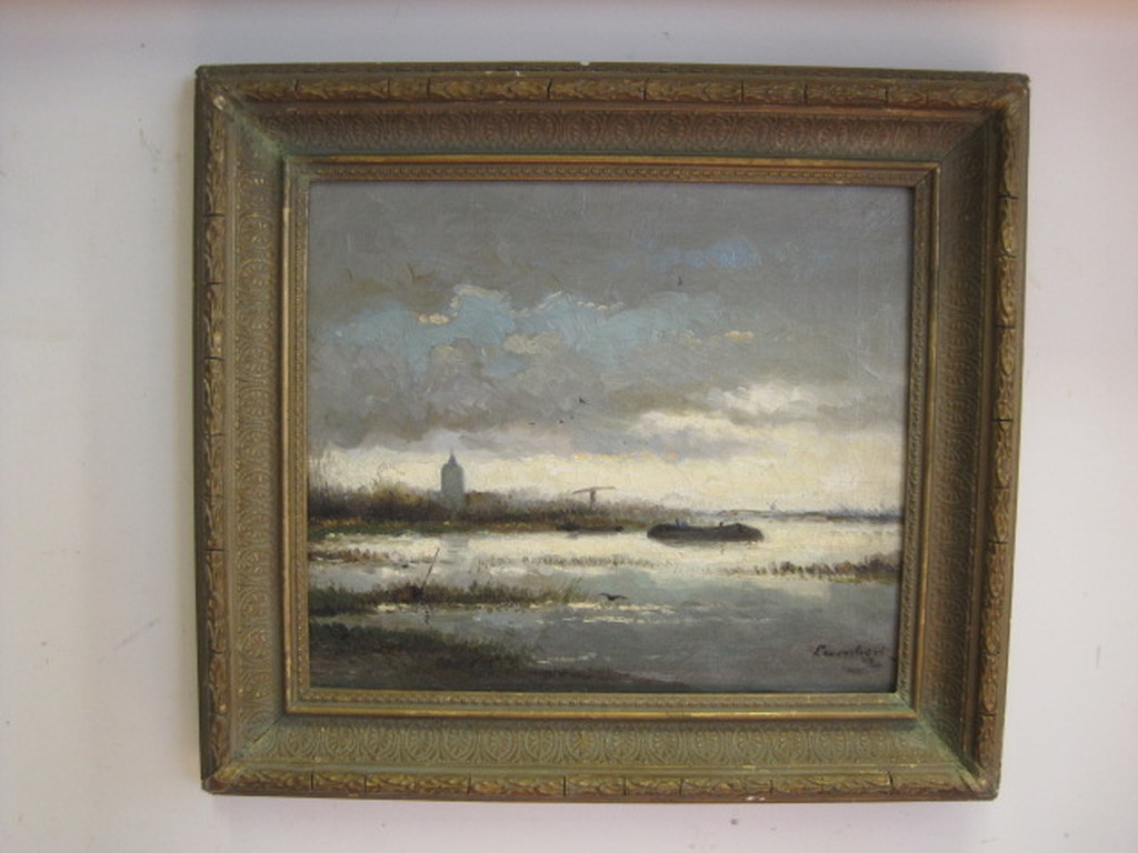 oud impress. olieverf "Hollands rivierlandschap" gesigneerd "Lambert '24" verkocht voor € 85!