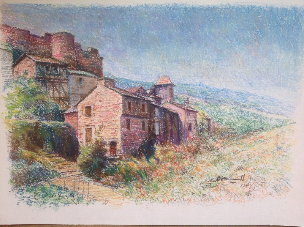 Cees Heuff; gekleurde tekening, bergdorp met kasteel kopen? Bied vanaf 1!