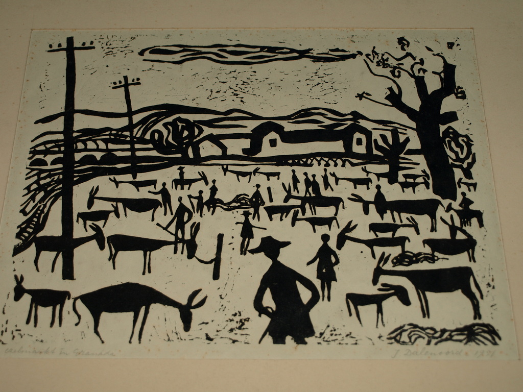 JENNY DALENOORD (1918-2013) – Linosnede – Ezelmarkt in Granada – Gesigneerd–1951 kopen? Bied vanaf 35!