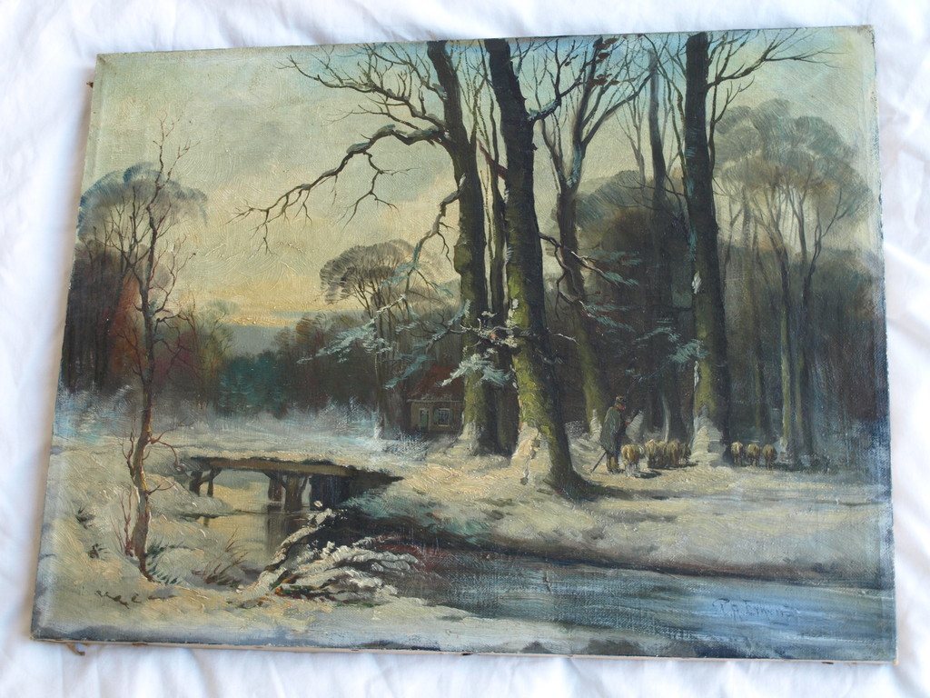 Onduidelijke signatuur : Olieverf op doek – Bosgezicht in de winter  kopen? Bied vanaf 50!