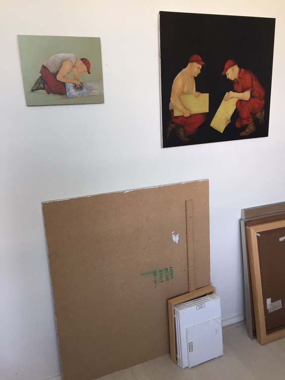 Henk Olijve, olieverf op paneel: Show me where them bombs will fall kopen? Bied vanaf 350!