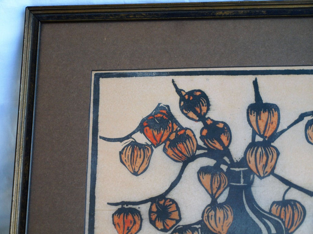 Jac. de Beer : Houtsnede , Lampionplant – gesigneerd & ingelijst  kopen? Bied vanaf 35!