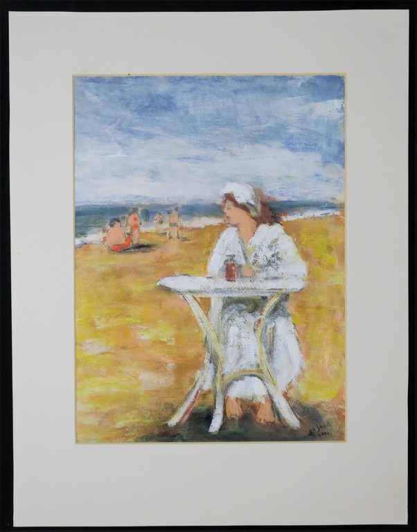 Jose van Gool: Acryl op papier, Vrouw aan 't strand verkocht voor € 60!