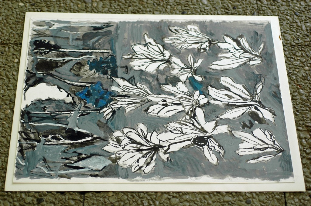 Hans Ebeling Koning, pen- en penseeltekening, Grijsblauw Bloemenveld kopen? Bied vanaf 100!