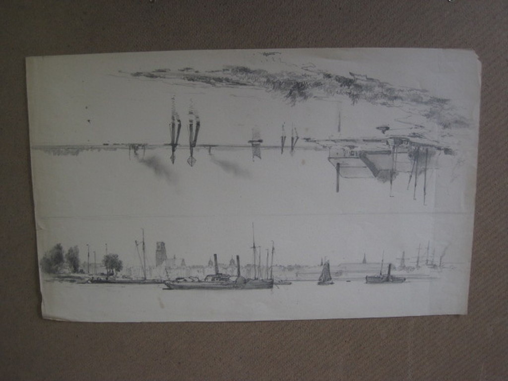 Apart oude dubbeltekening "Haven Rotterdam - Riviergezicht" door G.L.Kiers 1838  kopen? Bied vanaf 1!