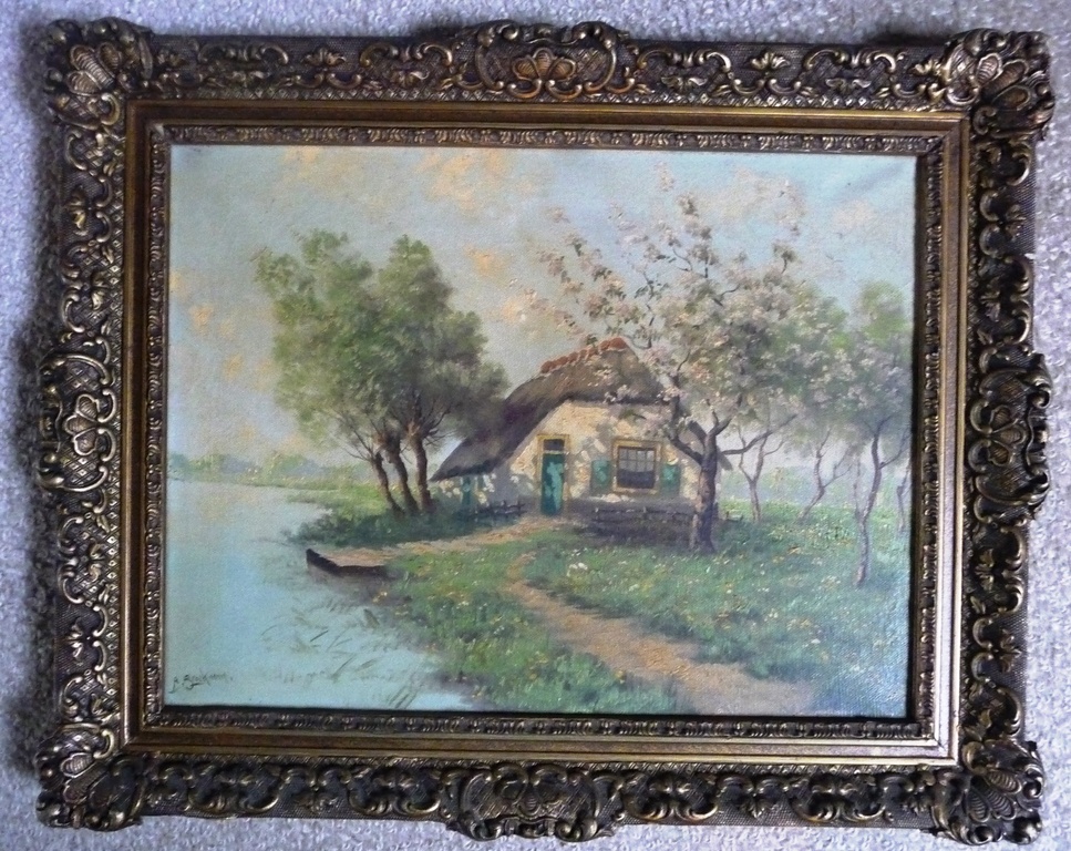 Anne Marinus Broekman : doek, Boerderij met bloeiende fruitbomen verkocht voor € 65!