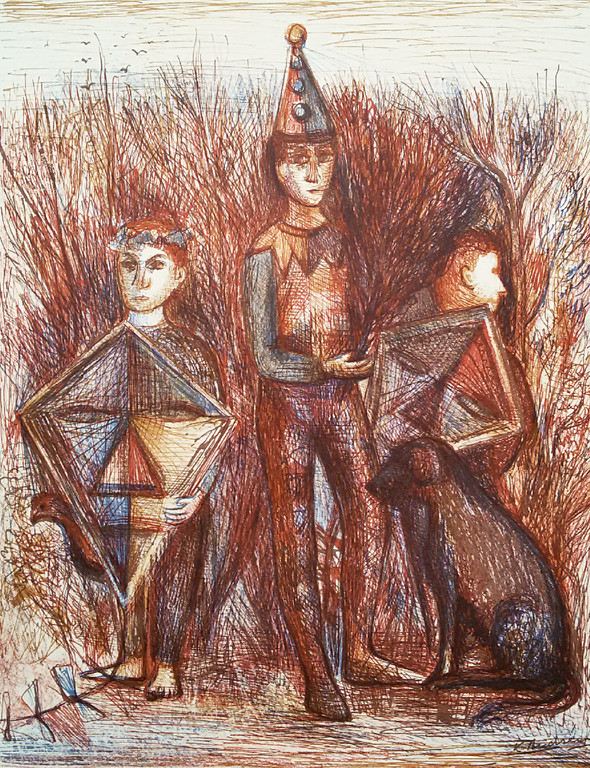Kees Andrea - Harlekijn en jongens met vliegers, handgesigneerde litho kopen? Bied vanaf 1!