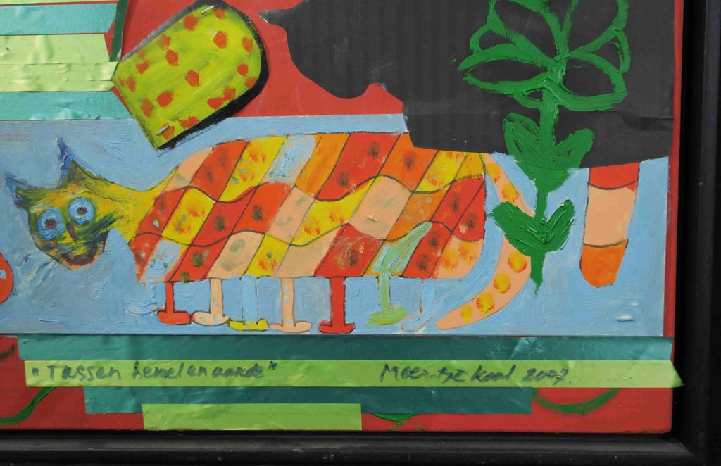 Meertje Kaal: Acryl en Collage op paneel, Tussen hemel en aarde - Ingelijst kopen? Bied vanaf 1!