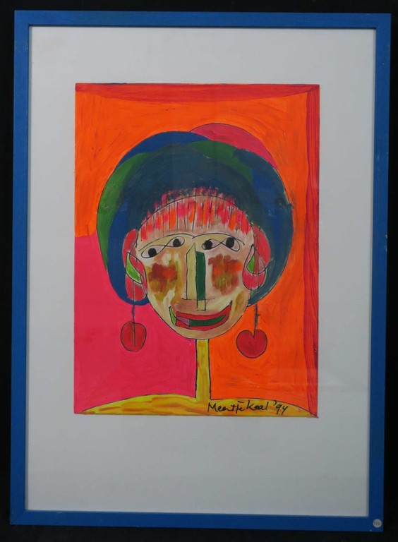 Meertje Kaal: Acryl op board, Z.T. Portret in felle kleuren - Ingelijst verkocht voor € 45!