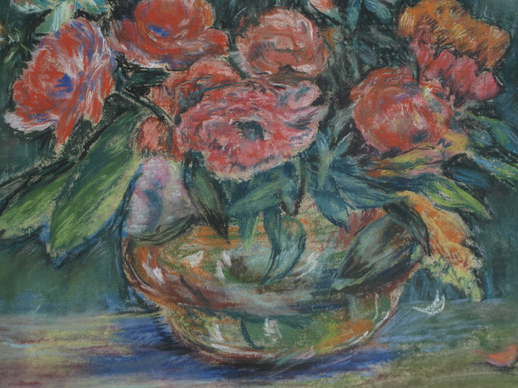 Onduidelijke signatuur : Pasteltekening , Bloemstilleven – ingelijst  kopen? Bied vanaf 1!