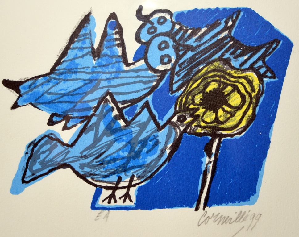 Corneille orig. Kleurenlitho ' Les Oiseaux bleus et Fleure Jaune'  1999 E.A. verkocht voor € 100!