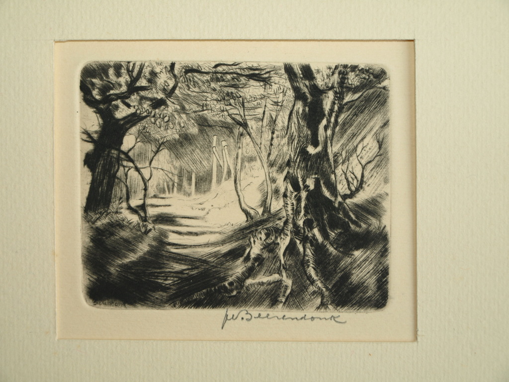 Theo Beerendonk (1905–1979) : Ets, droge naald - Bos – gesigneerd – ca 1950 kopen? Bied vanaf 25!