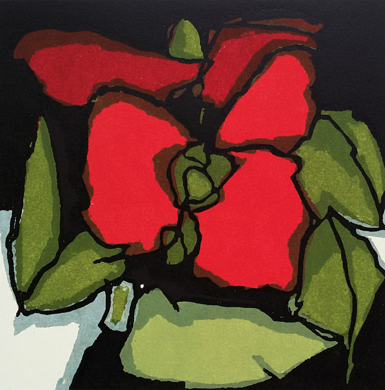 Fon Klement - Les fleurs rouges, hoogdruk boardsnede kopen? Bied vanaf 40!