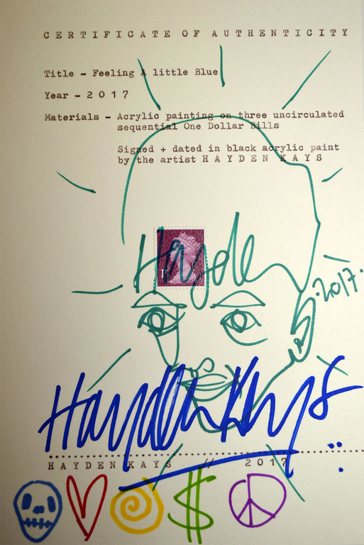 Hayden Kays: acrylverf op dollar biljetten, "Feeling a little Blue" kopen? Bied vanaf 485!