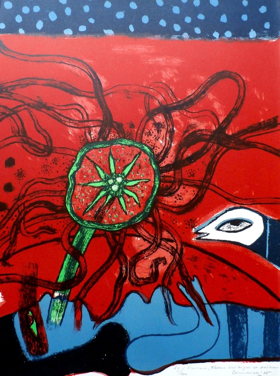 Corneille -  litho: Femme, fleur exotique et oiseau - 1975 verkocht voor € 225!