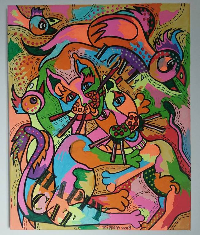 Zippora Meijer  -Happy Cat -  acryl en posca op canvas 40 x 50 cm verkocht voor € 75!