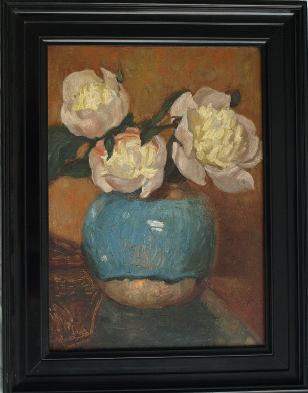 Onduidelijke signatuur : Olieverf op paneel – Pioenrozen – ingelijst  kopen? Bied vanaf 1!